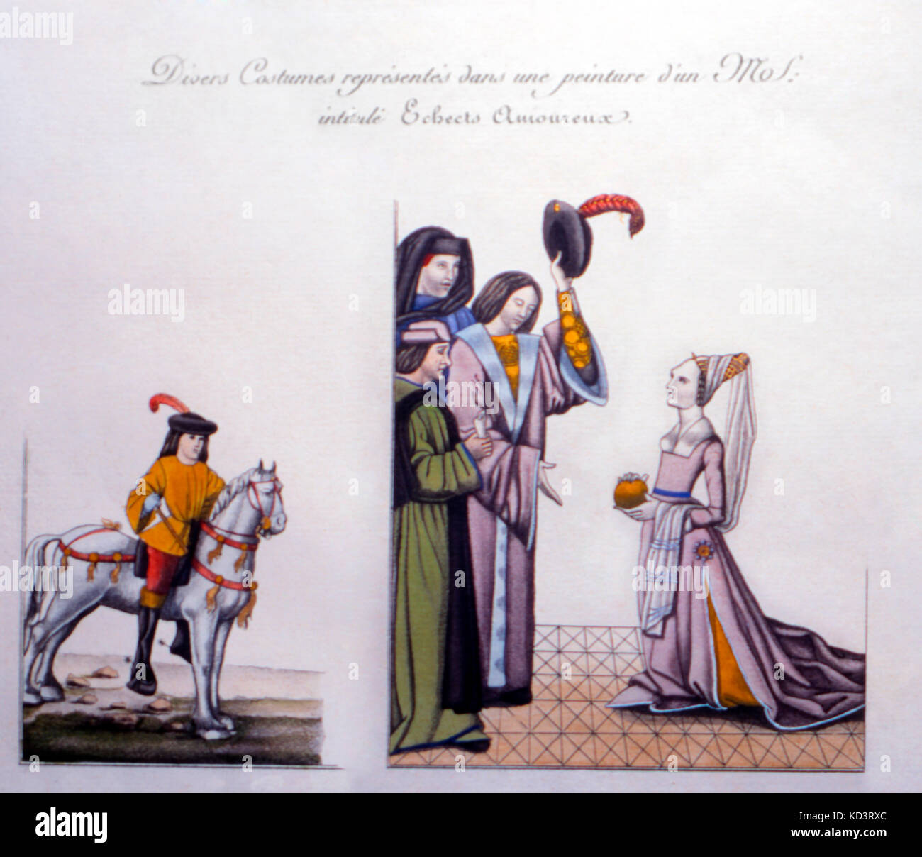 Mittelalterlichen Hof Musiker Bild in der Galerie spielen gerade Trompeten, und Dudelsack. Sänger und Chor Jungen auch dargestellt. Stockfoto