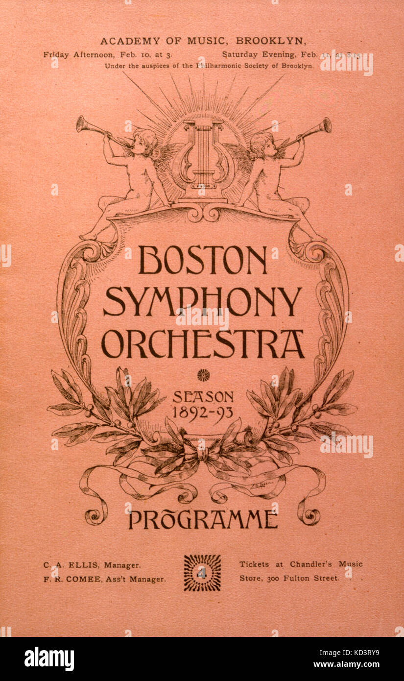 Boston Symphony Orchestra Programm für die Saison 1892-93 an der Akademie für Musik, Brooklyn Stockfoto