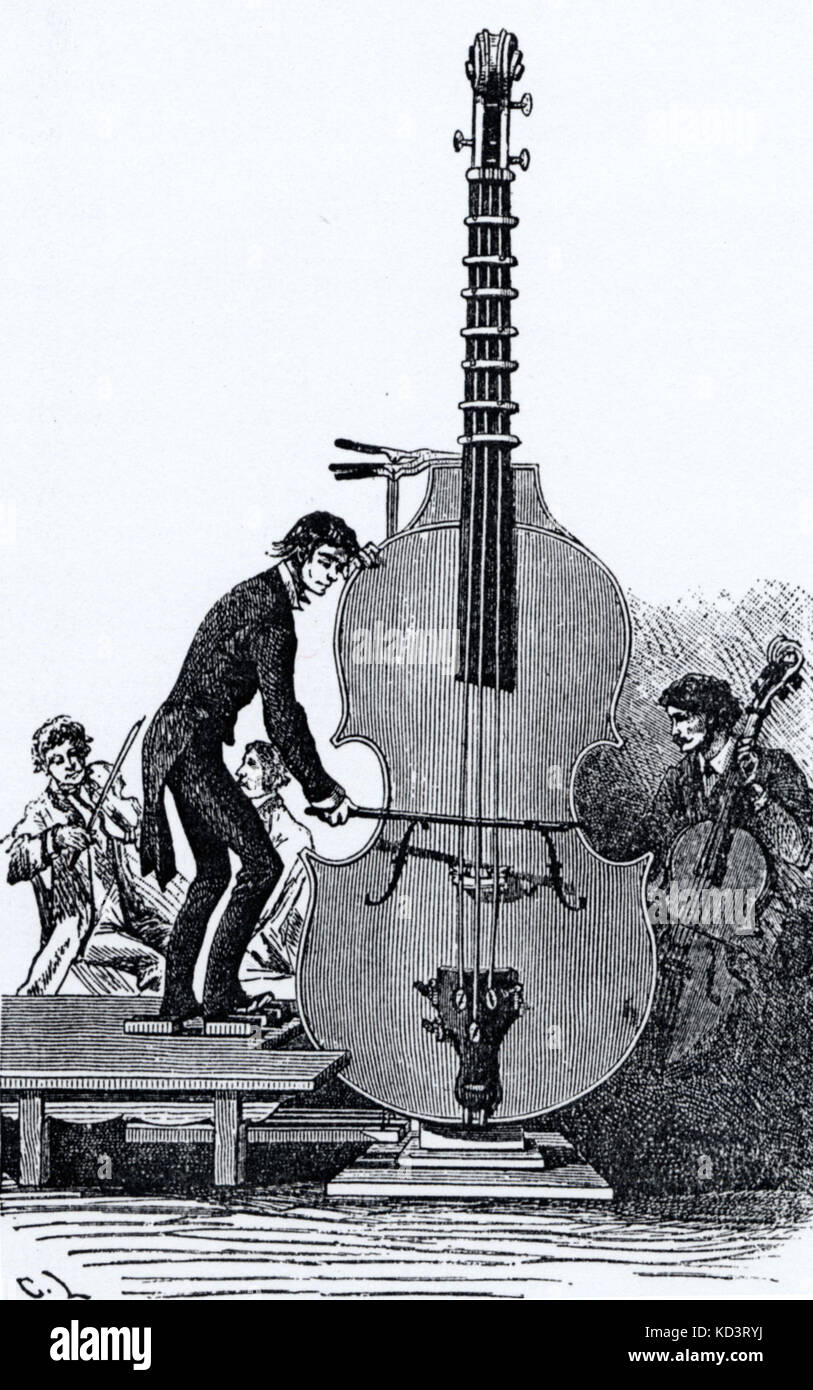 INST-Strings - Octobasse (Octo-Bass) - 1849 von Vuillaume erfunden,  offenbar auf Anregung von Berlioz. 10 Meter hoch, die Saiten wurden  mechanisch gestoppt - betrieben von den Spielern linke Hand und Fuß -