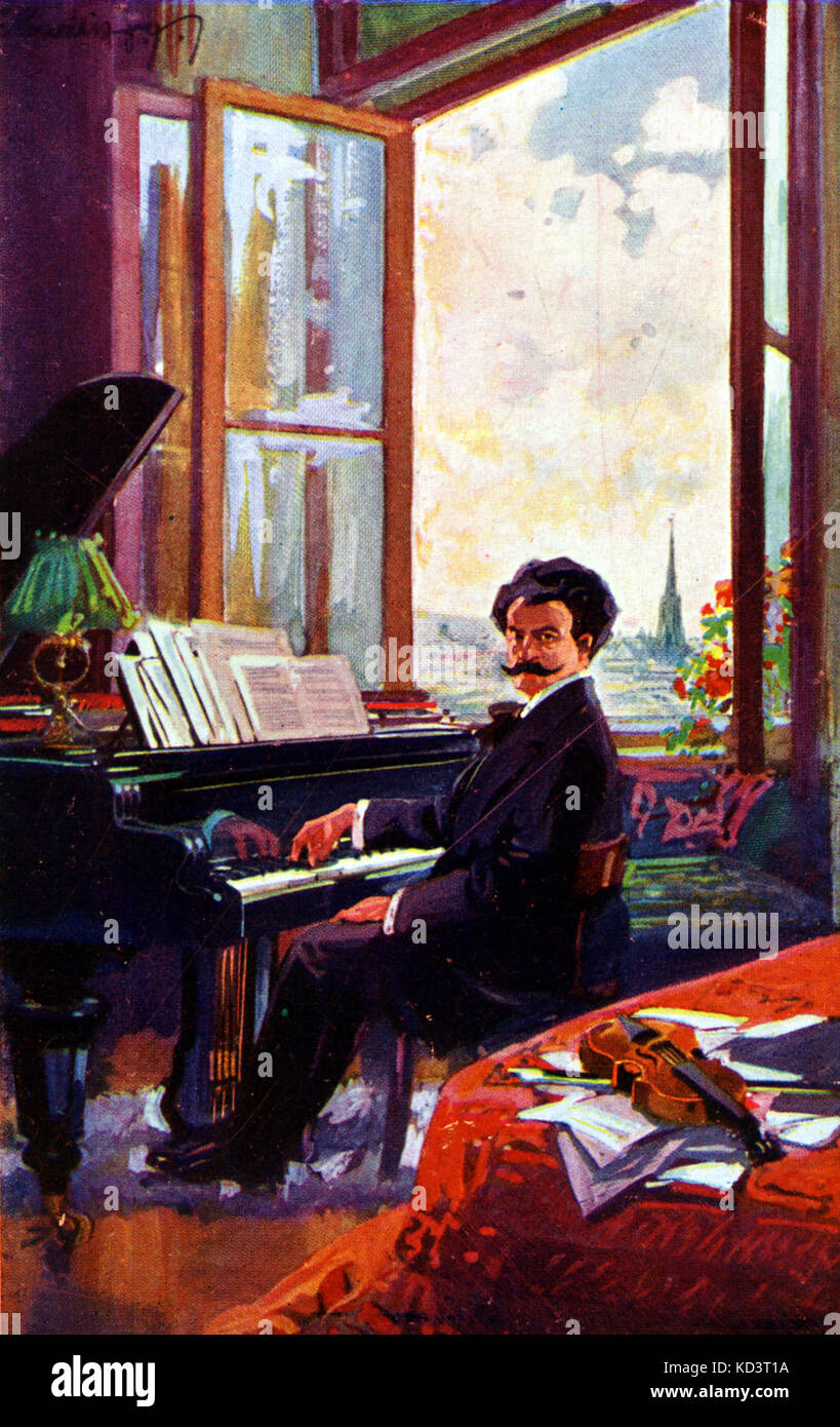 Johann Strauss II Komposition am Klavier in Wien. St. Stephen's Kathedrale im Hintergrund. Der oesterreichische Komponist, Dirigent und Violinist, 1825-1899 Stockfoto