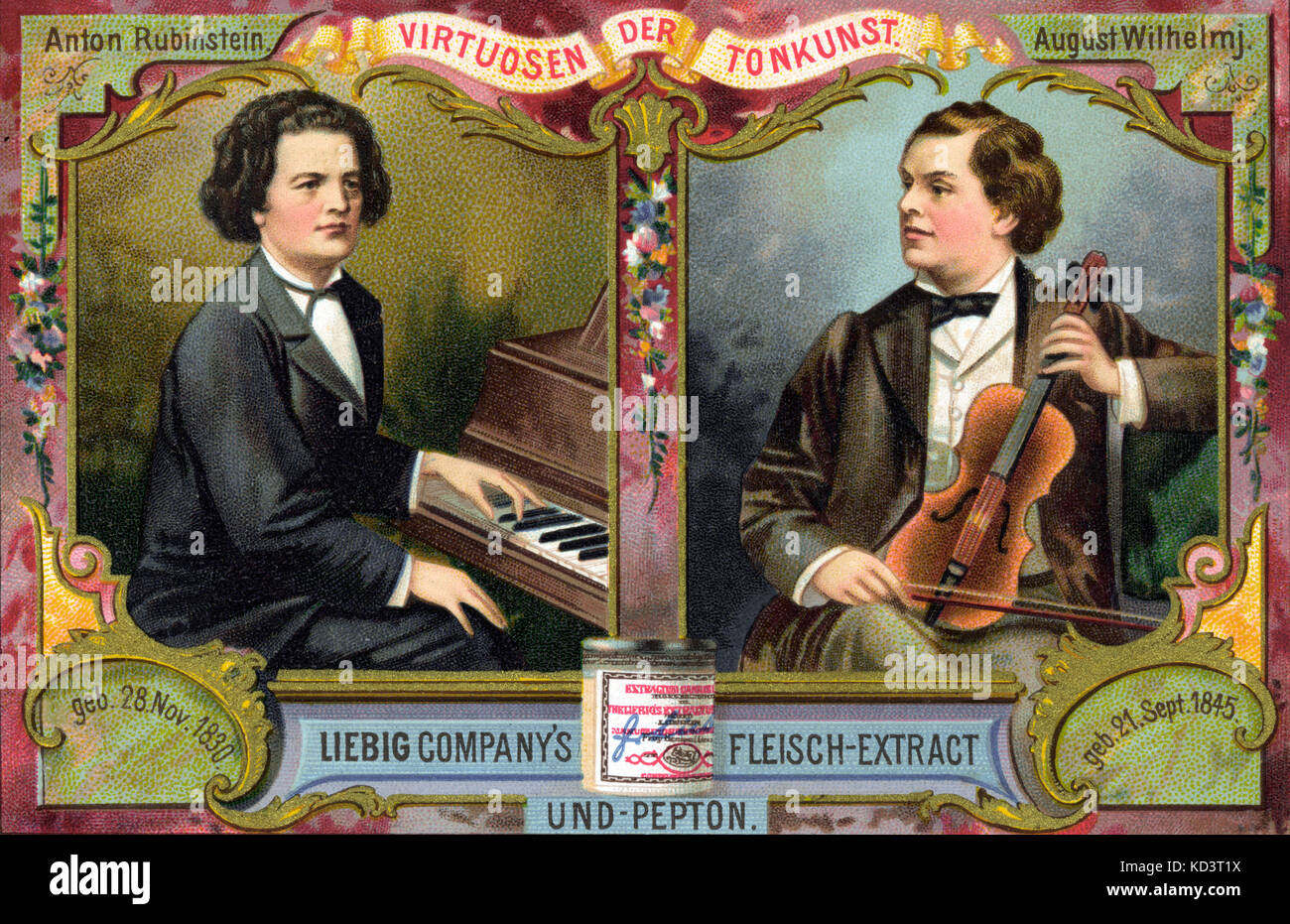August (Emil Daniel Ferdinand Viktor) Wilhelmj - Portrait der deutsche Geigerin mit Violine, 21. September 1845 - 22. Januar 1908. Anton Rubinstein wird ebenfalls angezeigt. Liebig Anzeige virtuose Karten. Stockfoto