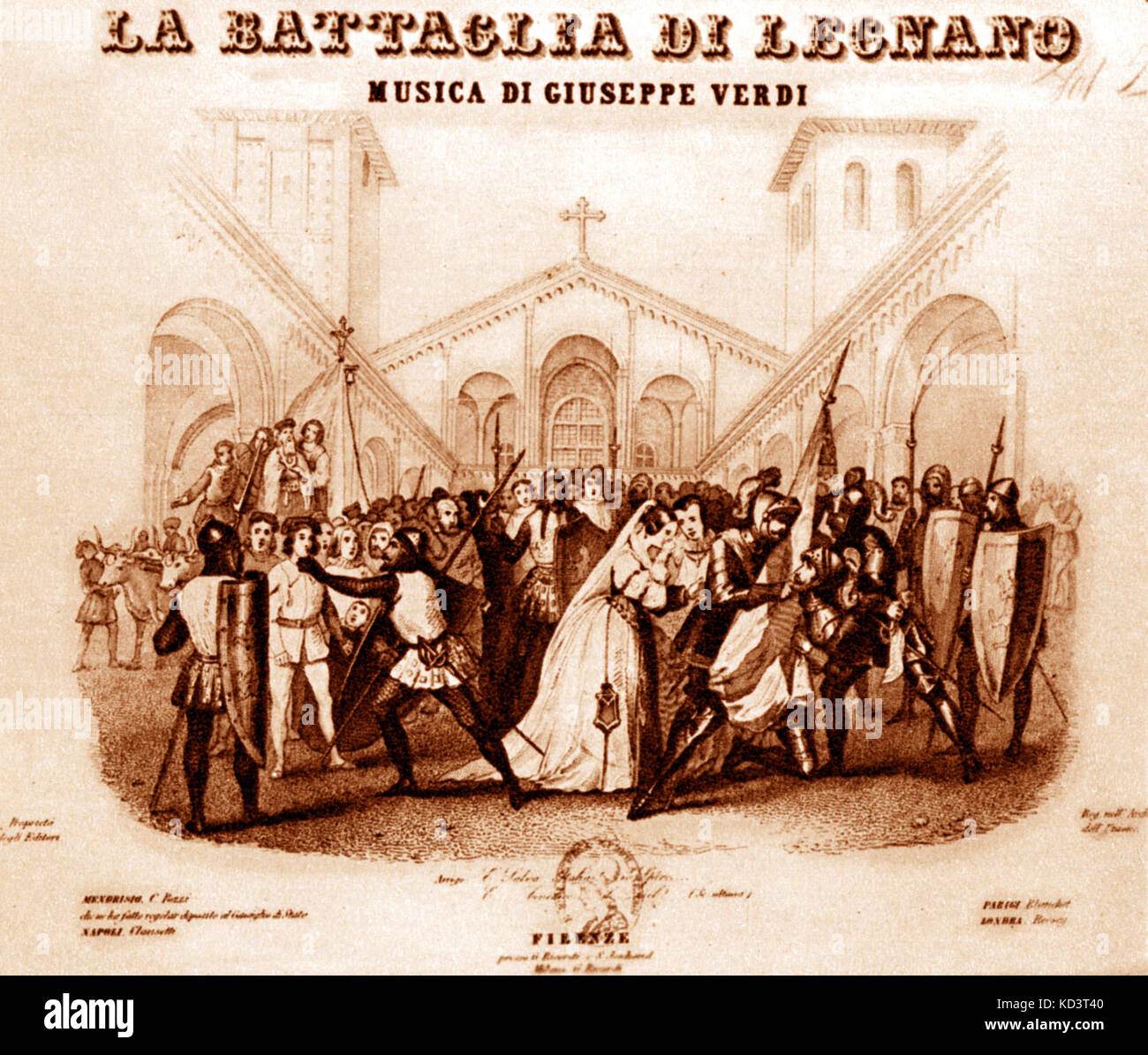 Titlepage von Guiseppe Verdis LA BATTAGLIA DI LEGNANO mit Abbildung. Zuerst im Jahre 1849 produziert. Italienischer Komponist (1813-1901). Stockfoto