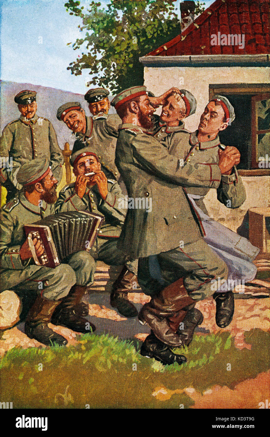 Weltkrieg ist Weltkrieg Soldat fröhlich mit Akkordeonspieler und Mund Organist, tanzen. Bild mit dem Titel 'Damenwahl' ("Ladies' Choice"). Stockfoto