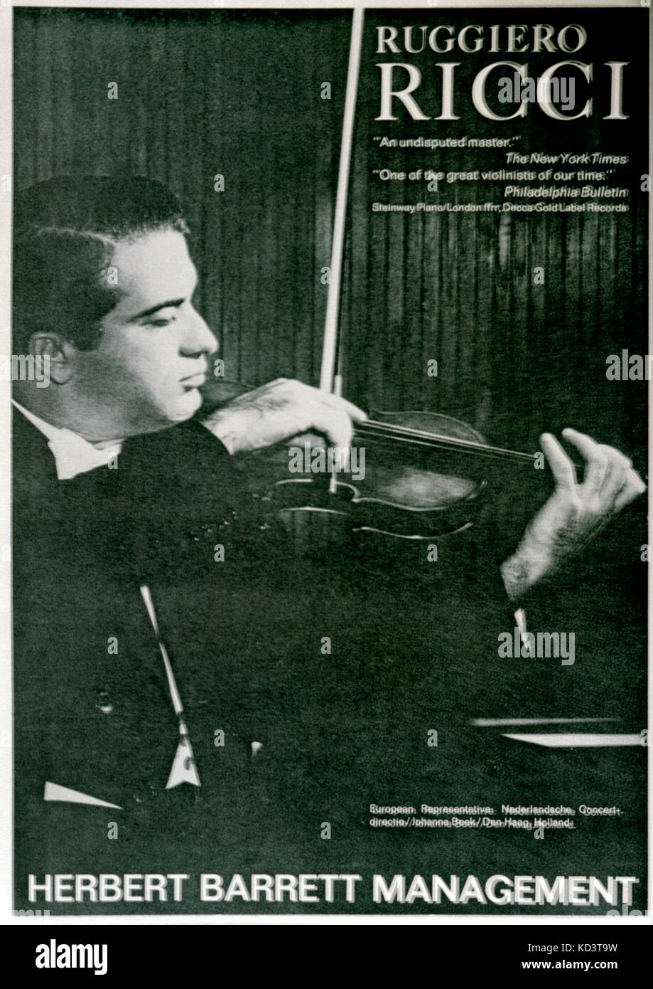 RICCI, Ruggiero - Porträt - Junge - spielen Geige Werbung für Herbert Barrett Management - Musikalische Amerika Dez, 1963 amerikanische Geigerin, 1918 - Stockfoto