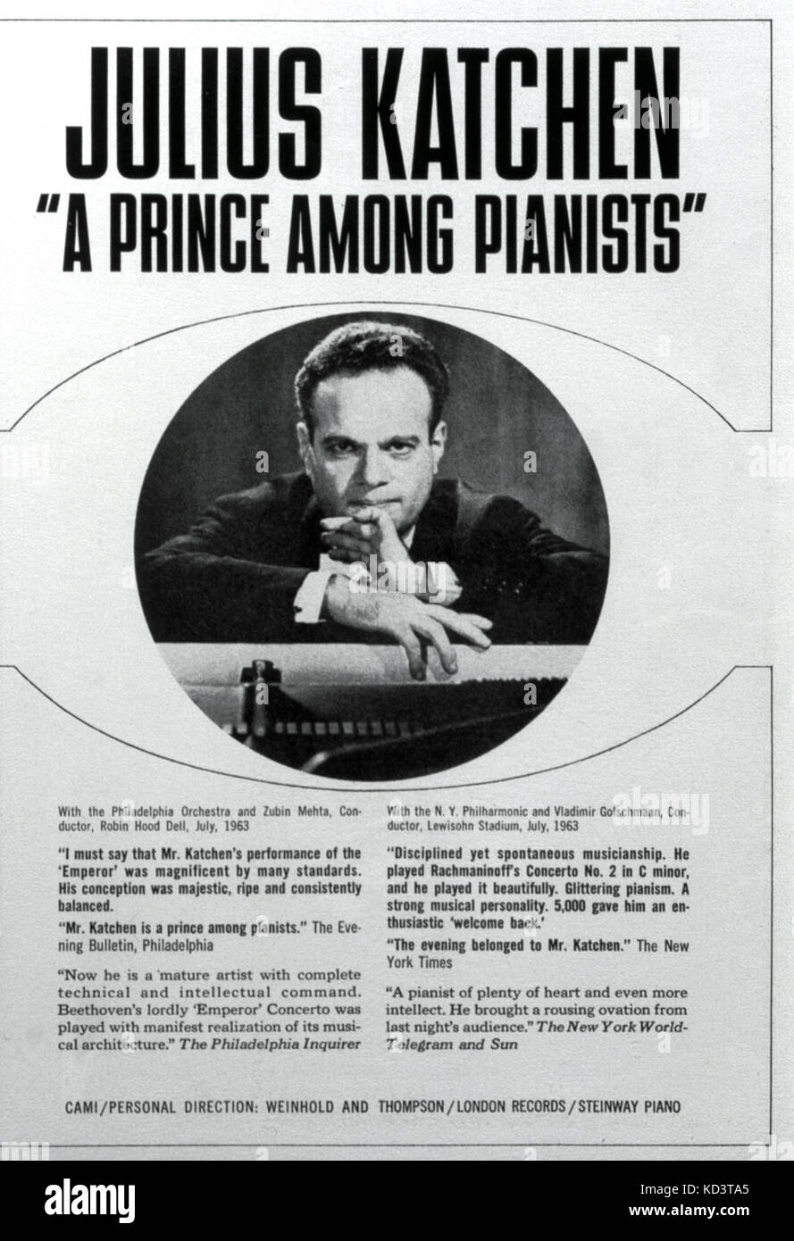 KATCHEN, Julius - Porträt - Musikalische Amerika Dezember, 1963. Amerikanische Pianist, 1926-1969 Stockfoto