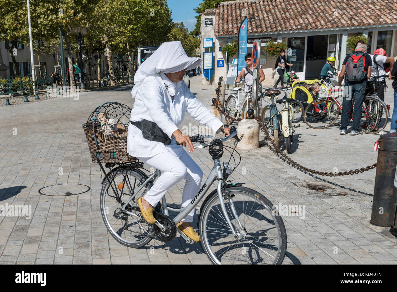 Dame auf dem Fahrrad in La Couarde-sur-Mer, Ile de Re, Nouvelle - Aquitaine, Französisch westcoast, Frankreich, Stockfoto