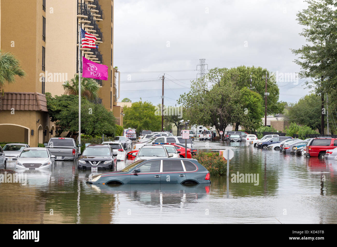 Autos unter Wasser vom Hurrikan Harvey in Houston, Texas, USA. Schwere Regenfälle vom Hurrikan verursachten verheerenden Überschwemmungen in der Stadt und den Vororten Stockfoto