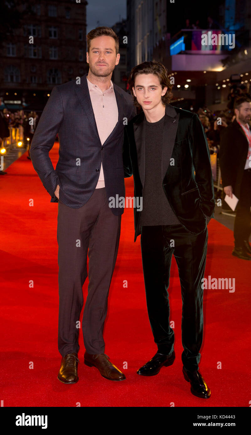 Armie Hammer (links) und Timothee Chalamet besuchen die Premiere von Call  Me By My Name im Rahmen des BFI London Film Festival am Odeon Leicester  Square, London Stockfotografie - Alamy