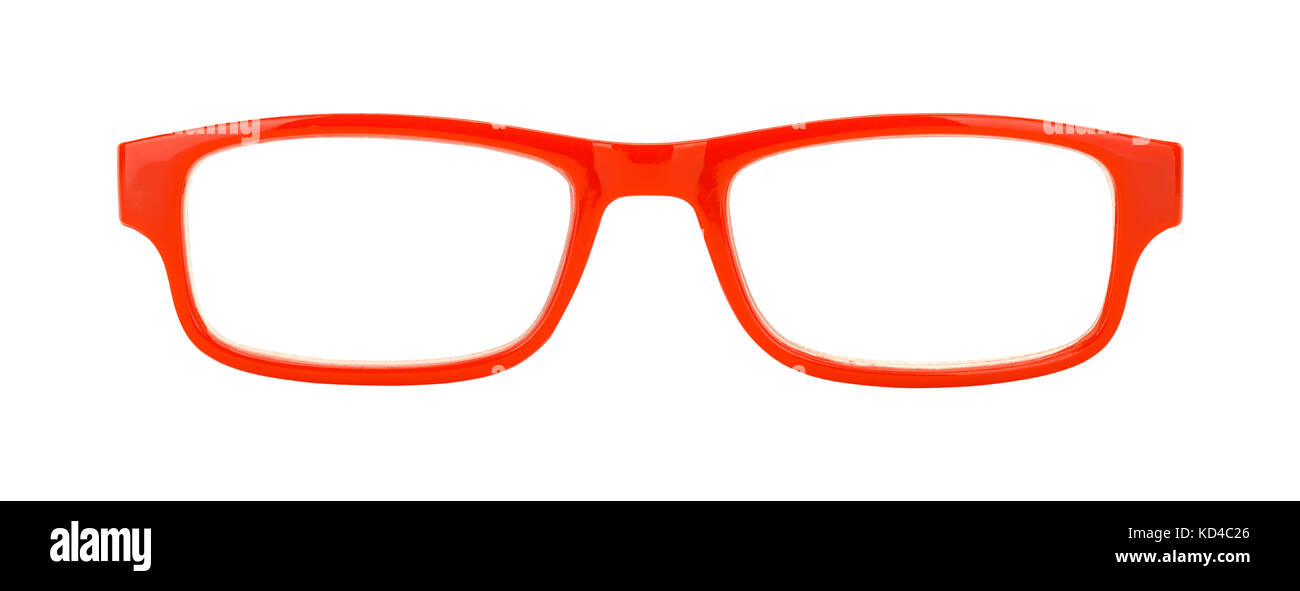 Paar rote Brille Vorderansicht ausgeschnitten auf Weiß. Stockfoto