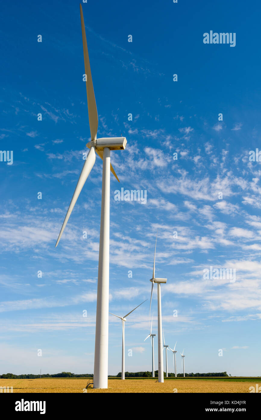 Eine Gruppe von Windenergieanlagen inmitten der Felder, produzieren sauberen Strom von der Tätigkeit der Wind. Stockfoto