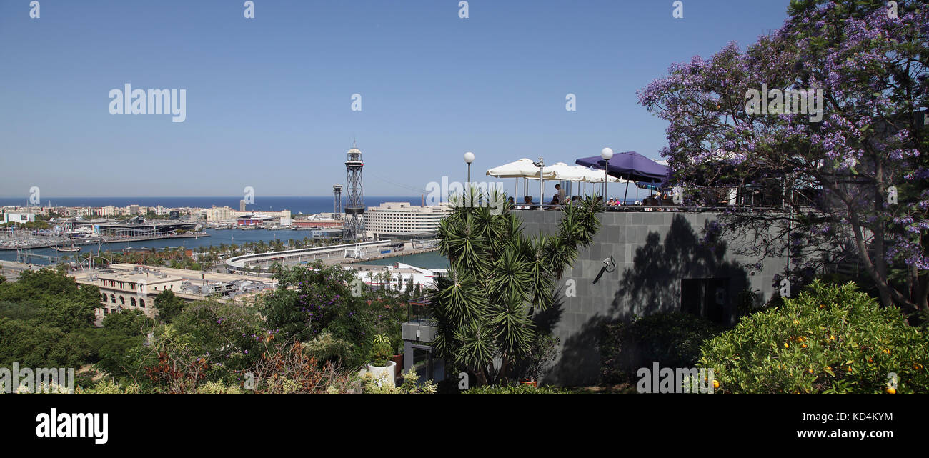 Miramar Restaurant und Port Vell mit der Seilbahn auf den Montjuic, Barcelona, Katalonien, Spanien Barcelona Katalonien Spanien Stockfoto