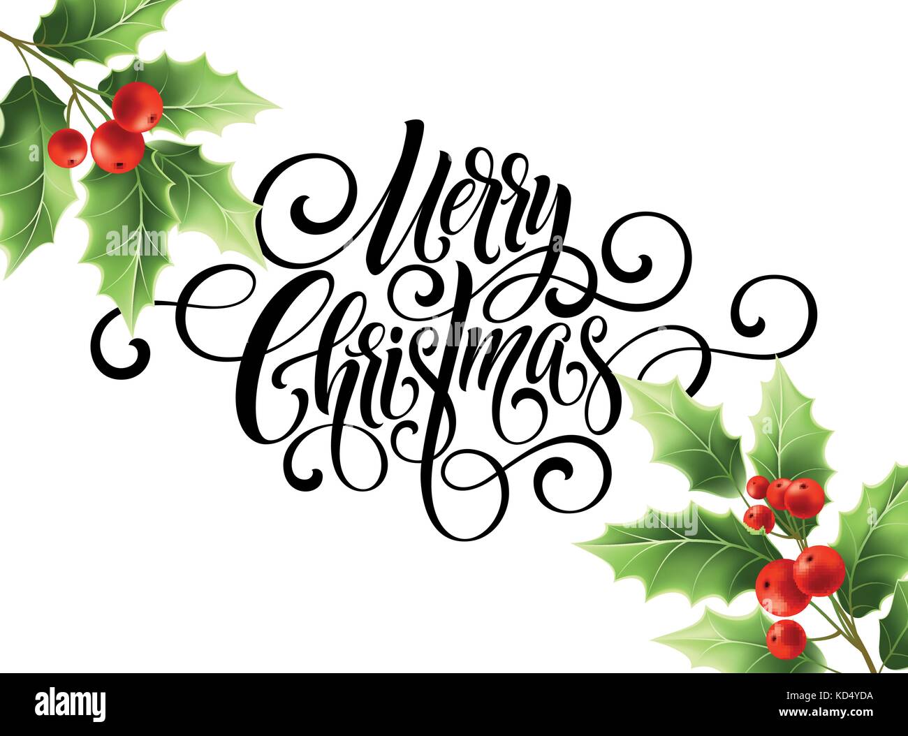 Frohe Weihnachten Handschrift script Schrift weihnachten Grußkarten mit Holly. Vector Illustration Stock Vektor