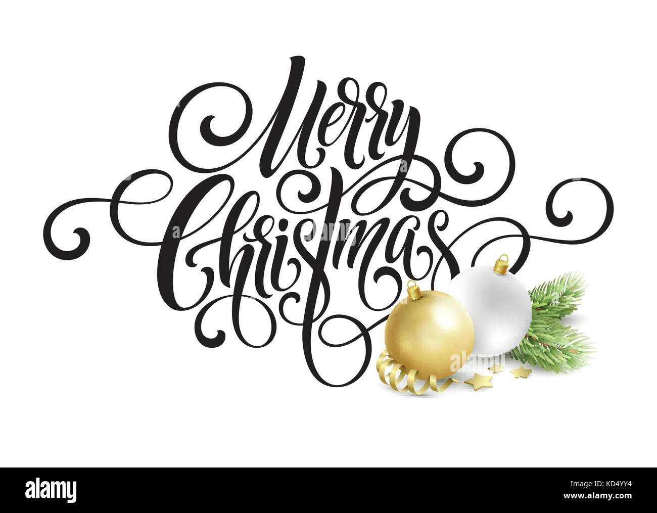 Frohe Weihnachten Handschrift Skript Schriftzug. gruß Hintergrund mit einem Weihnachtsbaum und Dekorationen. Vector Illustration Stock Vektor
