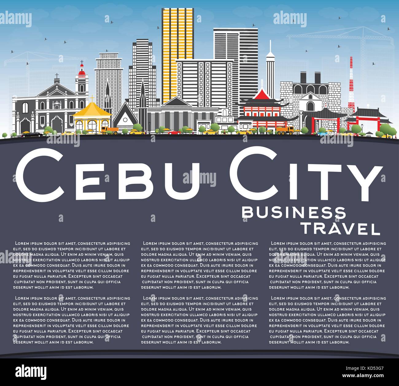 Philippinen Cebu City Skyline mit grauen Gebäude, blauer Himmel und Kopieren. Vector Illustration. Business Travel und Tourismus Abbildung Stock Vektor