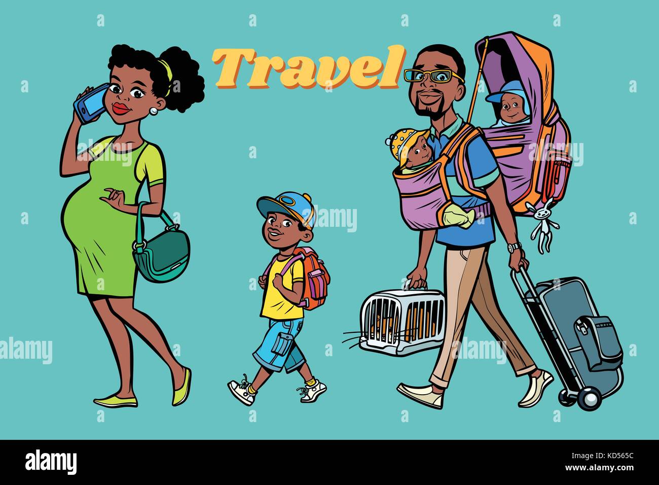 Afrikanische Reisende mit Familie, Mama, Papa und Kinder. Eine schwangere Frau und fürsorglichen Mann. Tour mit Tieren und Kindern. Hand gezeichnete Illustration cartoon Pop Art r Stock Vektor