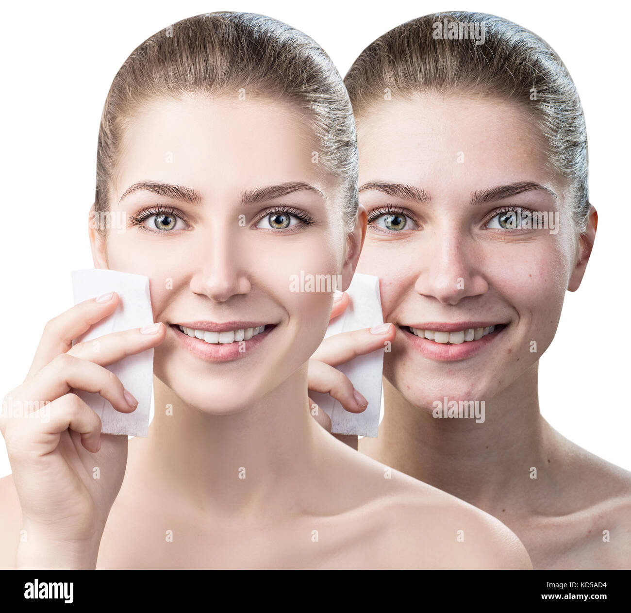 Junge Frau ihr Gesicht Reinigung von Servietten. Stockfoto
