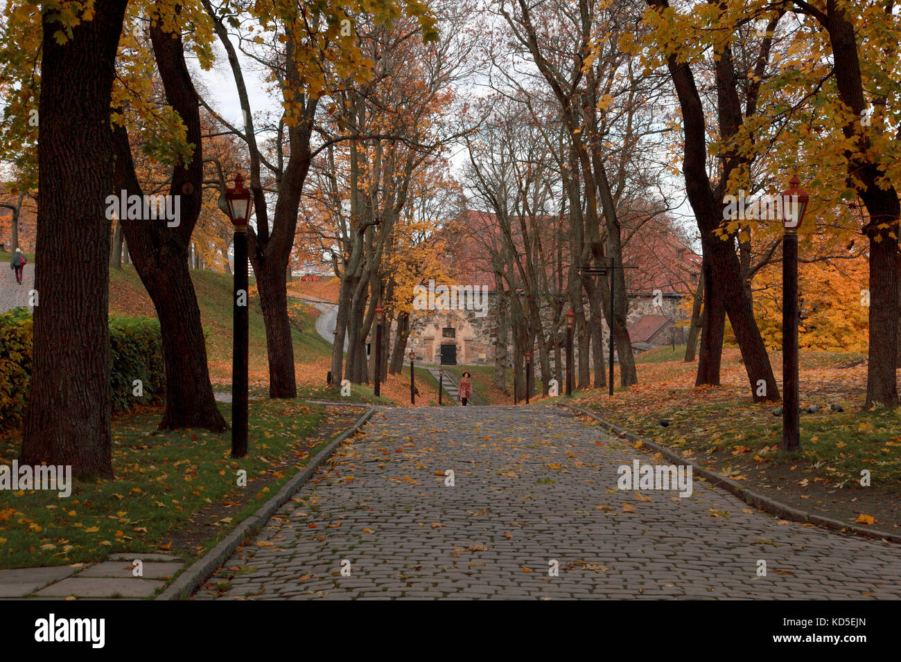 Herbstliche Farben auf dem Gelände der mittelalterlichen Festung Akershus (oder Schloss) in Oslo, Norwegen Stockfoto