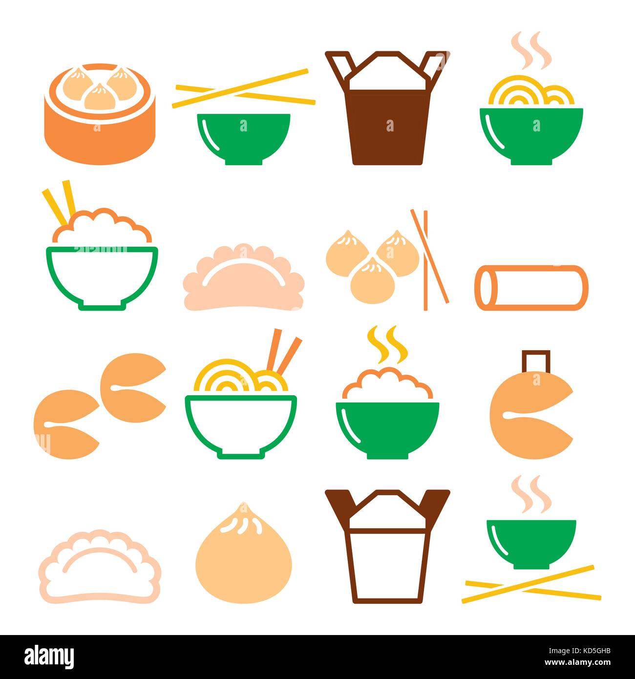 Chinesisch zum Mitnehmen Essen: Pasta, Reis, Frühlingsrollen, Fortune Cookies, Knödel Stock Vektor
