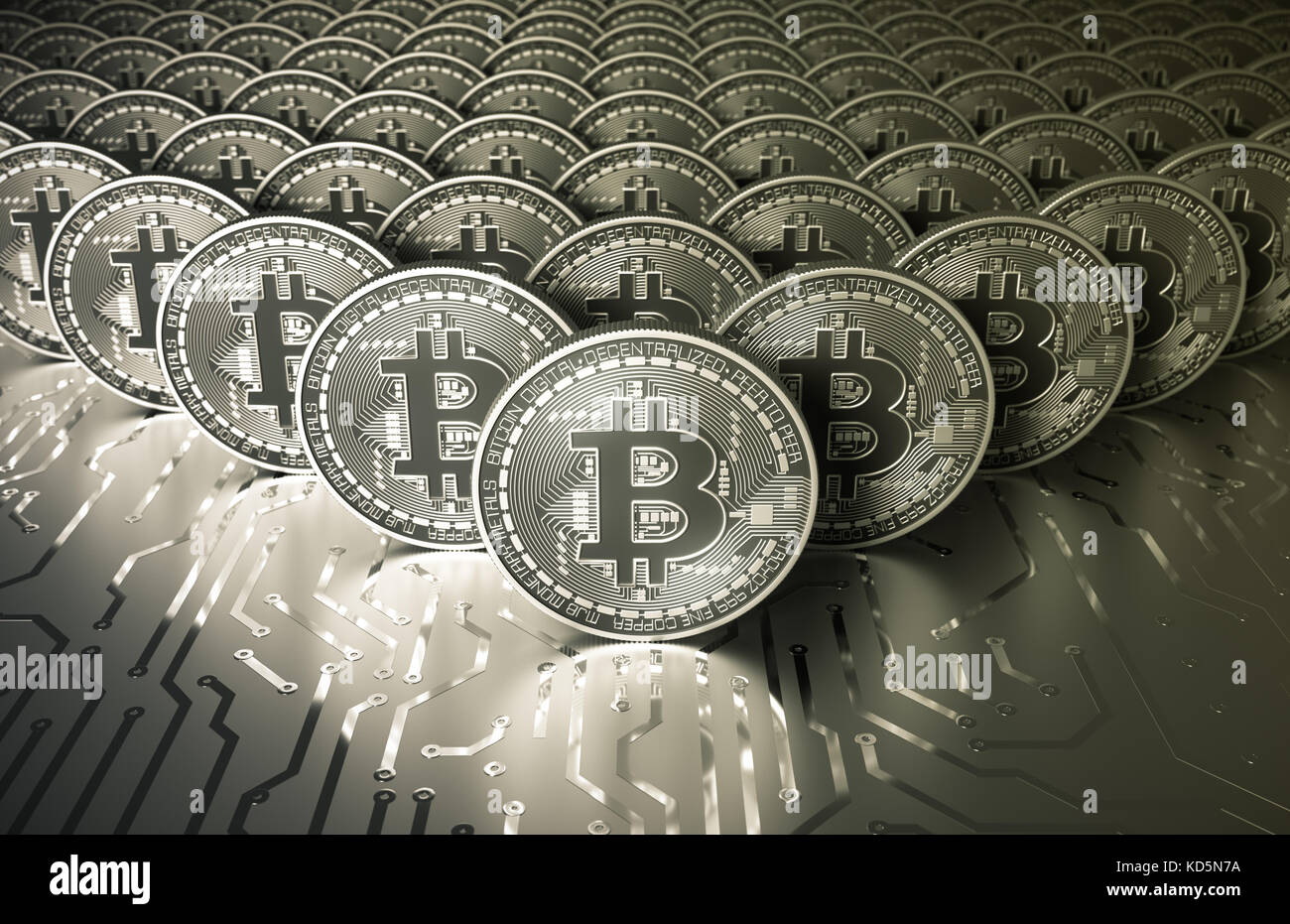 Platin virtuelle Silbermünzen bitcoins auf der Leiterplatte Stockfoto