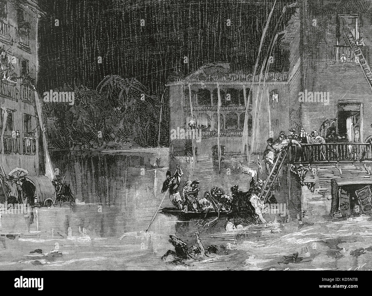 Spanien. Murcia. Die Überschwemmung von Santa Teresa (15. Oktober 1879). Überschwemmung auf dem Platz der Marques de Camacho. Gravur von Carretero. "La Ilustración Española y Americana", 1879. Stockfoto