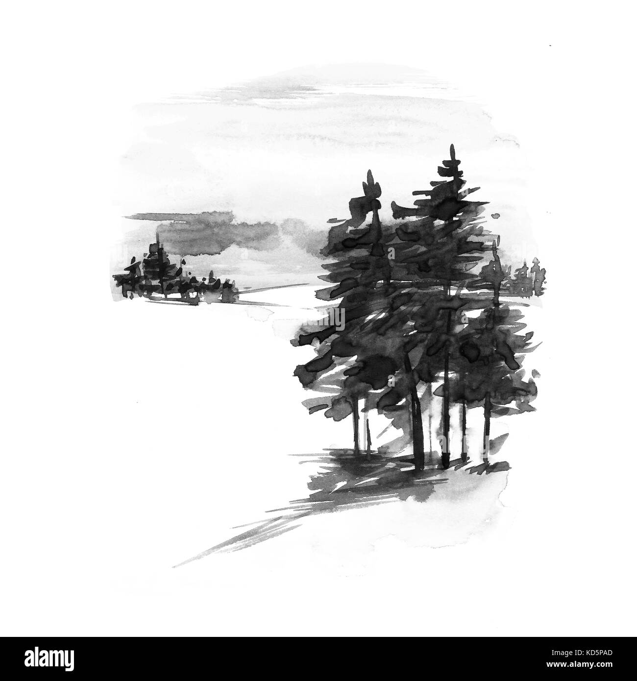 Aquarell Winterlandschaft. Weihnachtsbaum aquarell Grußkarte mit gemütlichen Landschaft Winterlandschaft. märchenwald Winter schwarz und weiß Aquarell Abbildung. Stockfoto