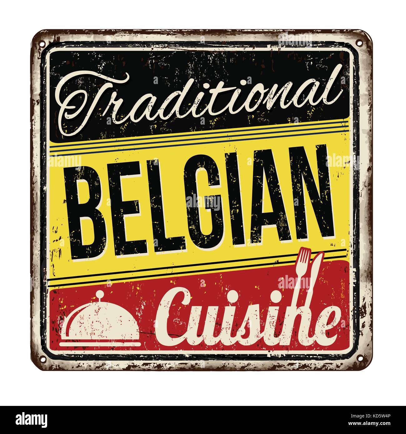 Traditionelle belgische Küche vintage rostiges Metall Zeichen auf weißem Hintergrund, Vector Illustration Stock Vektor