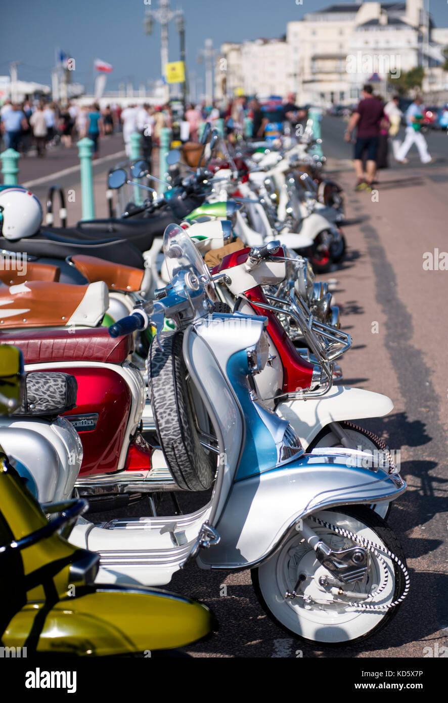Brighton Mod Rally, August Bank Holiday Motorroller aufgereiht auf Anzeigen Stockfoto