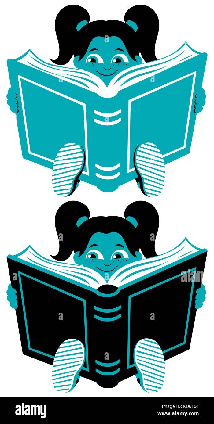 Illustration eines Lesebuches eines kleinen Mädchens in zweifarbigen Versionen. Stock Vektor