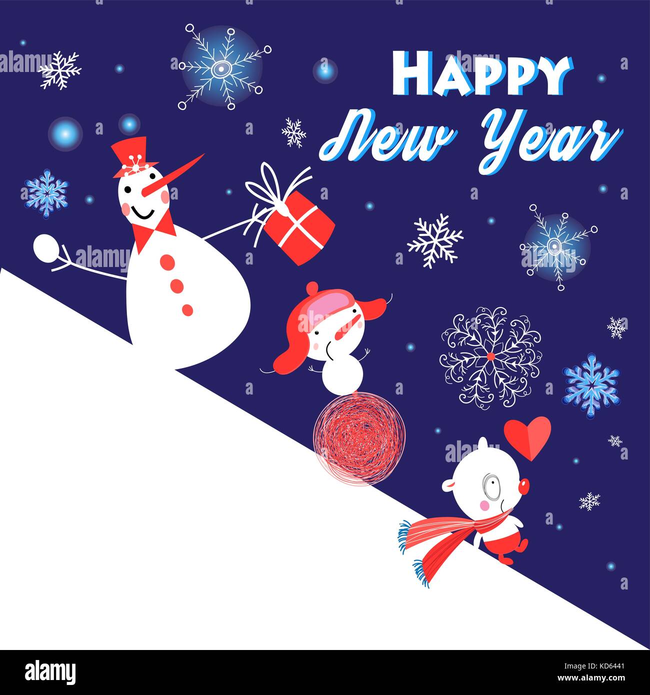 Weihnachtskarte mit lustigen Schneemännern auf einem Schneeberg Stock Vektor