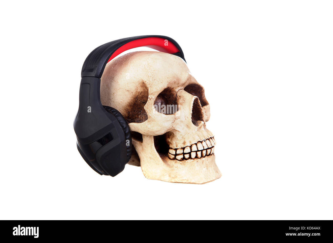 Menschliche Schädel in Kopfhörer auf einem weißen Hintergrund  Stockfotografie - Alamy