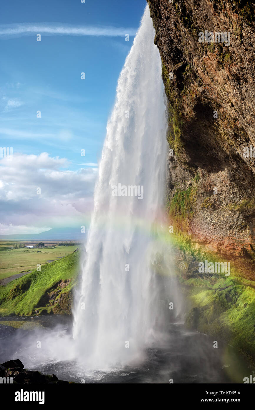 Der Wasserfall Seljalandsfoss im Sommer Island Stockfoto