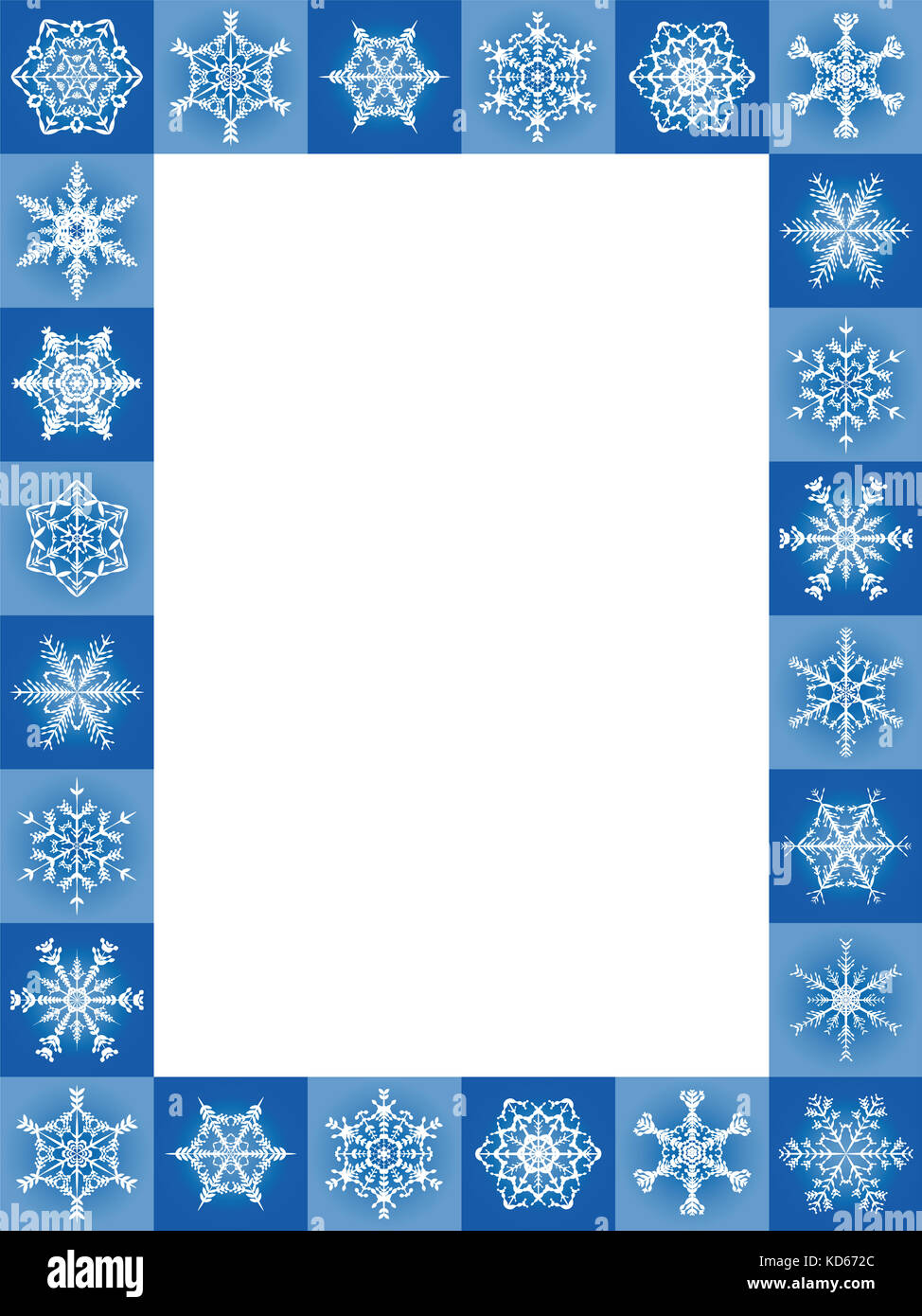Schneeflocken Blau Weihnachten Rahmen, Hochformat - vierundzwanzig erfreulich schöne Fliesen - Abbildung mit leeren weißen Mitte gekennzeichnet werden. Stockfoto
