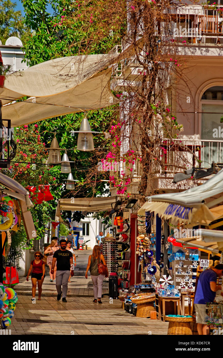 Gassen und Geschäfte der Stadt Bodrum in Mugla, Süden der Türkei. Stockfoto