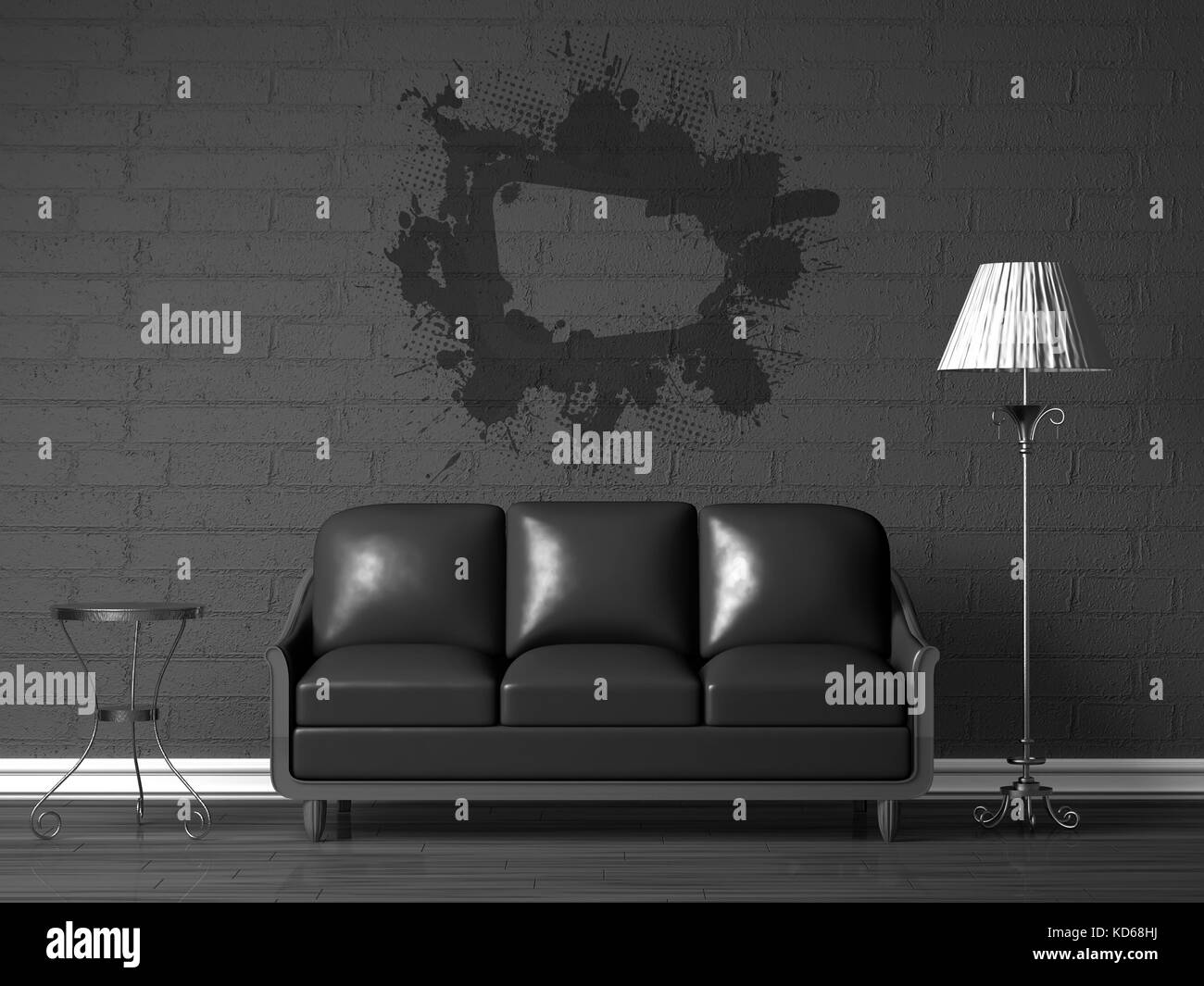 Lila Couch, Tisch, Kronleuchter und standard Lampe in Blau minimalistischen Interieur Stockfoto
