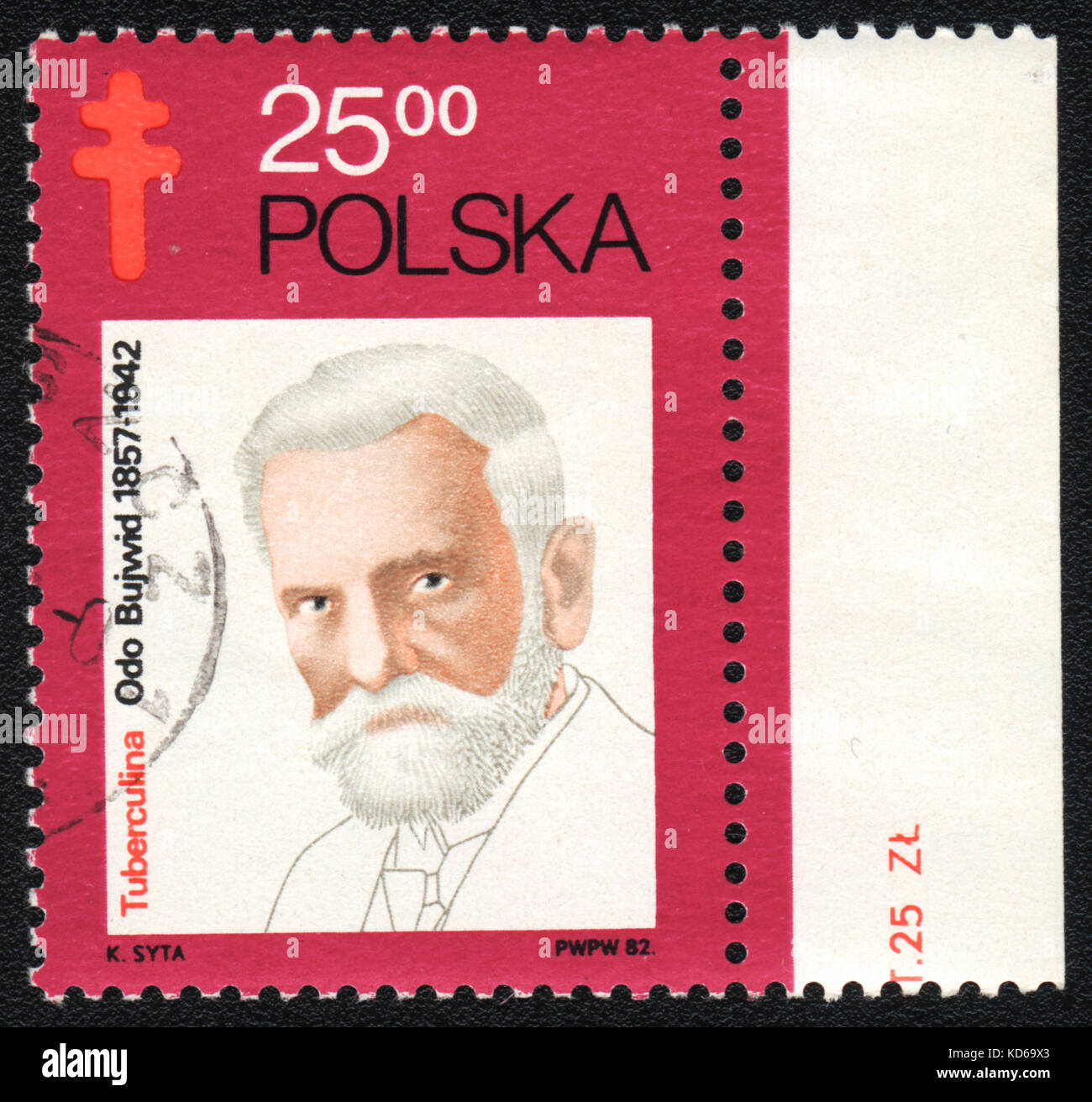 Eine Briefmarke in Polen zeigt buivid Oscar - polnische Wissenschaftler, Bakteriologe, circa 1982 gedruckt Stockfoto