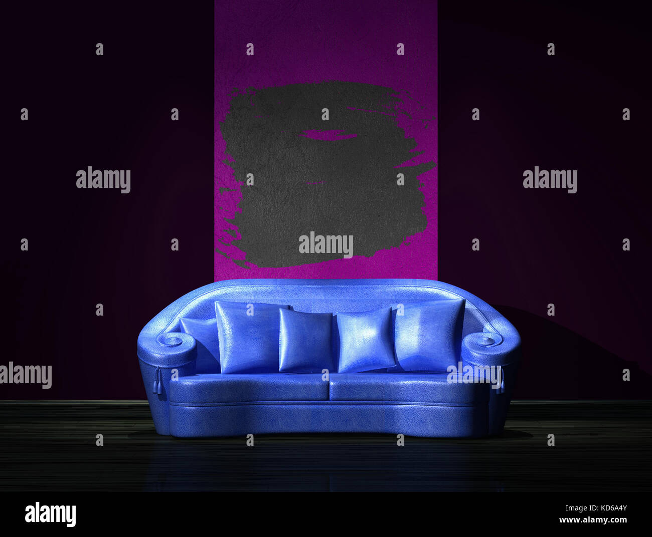 Blaues Sofa mit Graffiti Rahmen auf der Wand in minimalistischen Interieur Stockfoto