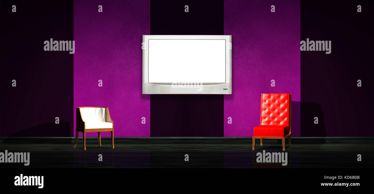 Roter und weißer Stuhl mit lcd-panel in minimalistischen Interieur Stockfoto