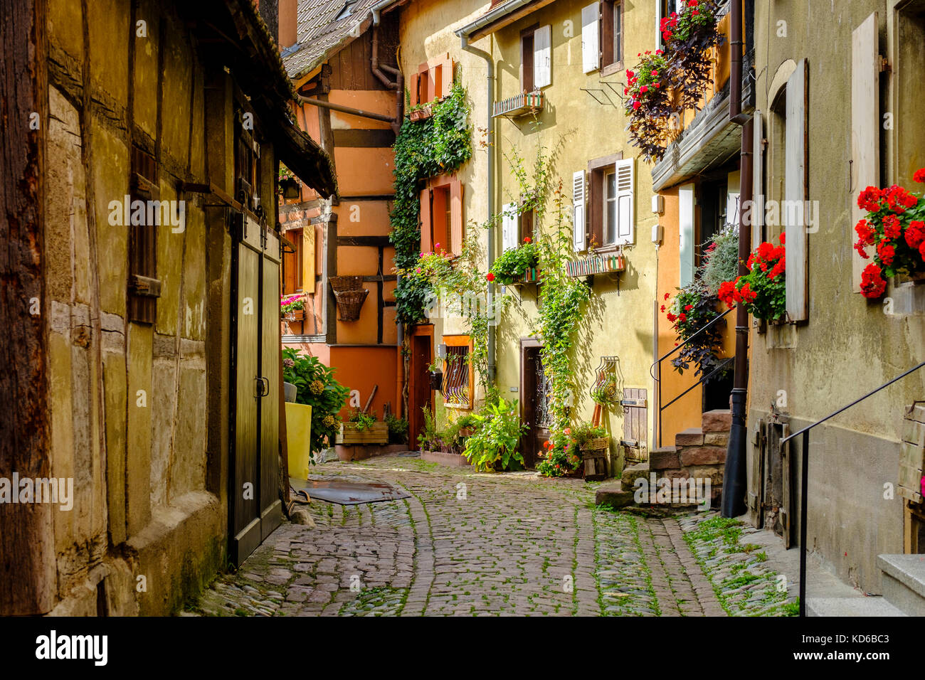 Eine kleine Straße führt durch die Blume dekoriert Fachwerkhäuser der historischen Dorf Stockfoto