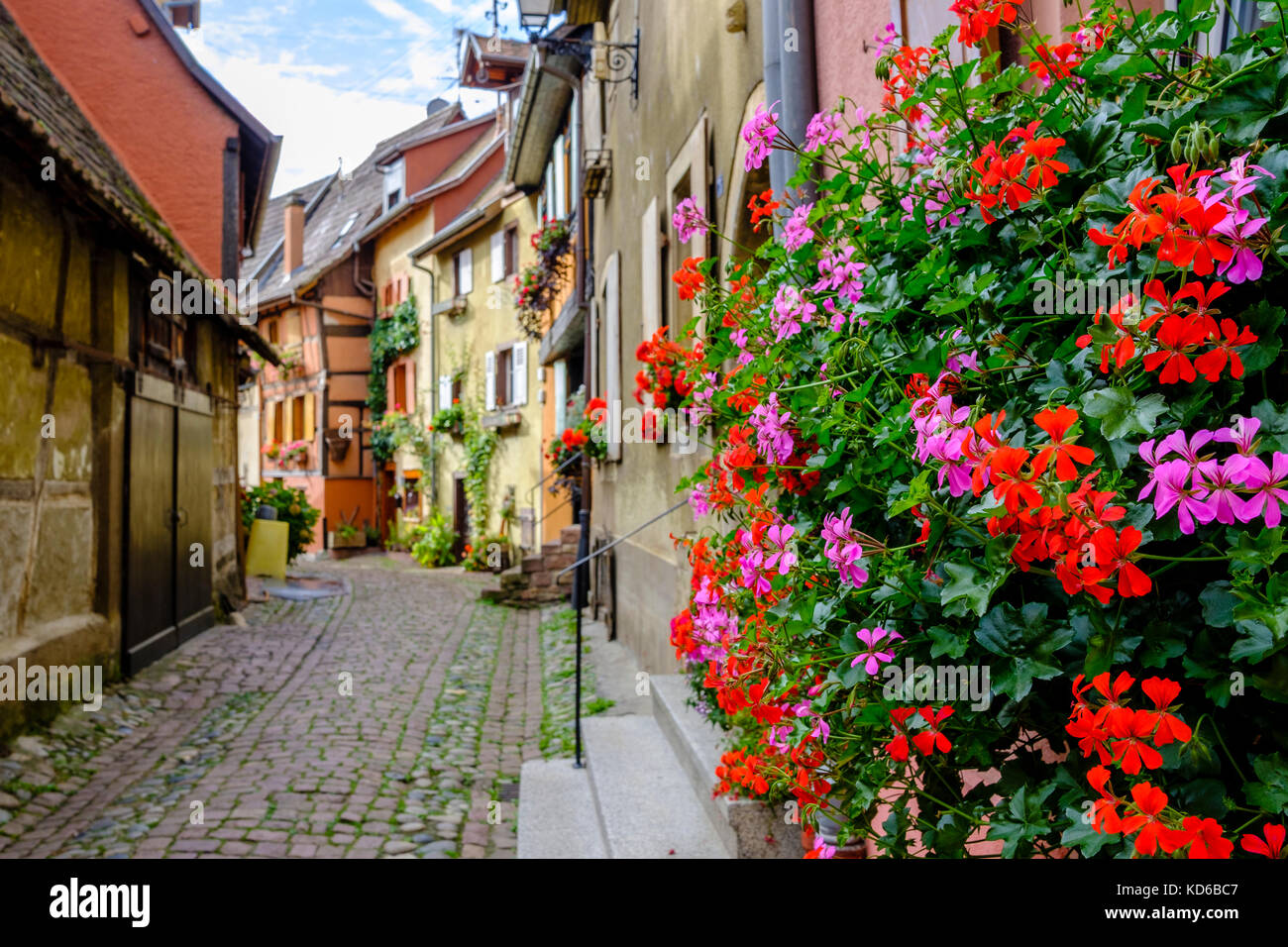 Eine kleine Straße führt durch die Blume dekoriert Fachwerkhäuser der historischen Dorf Stockfoto