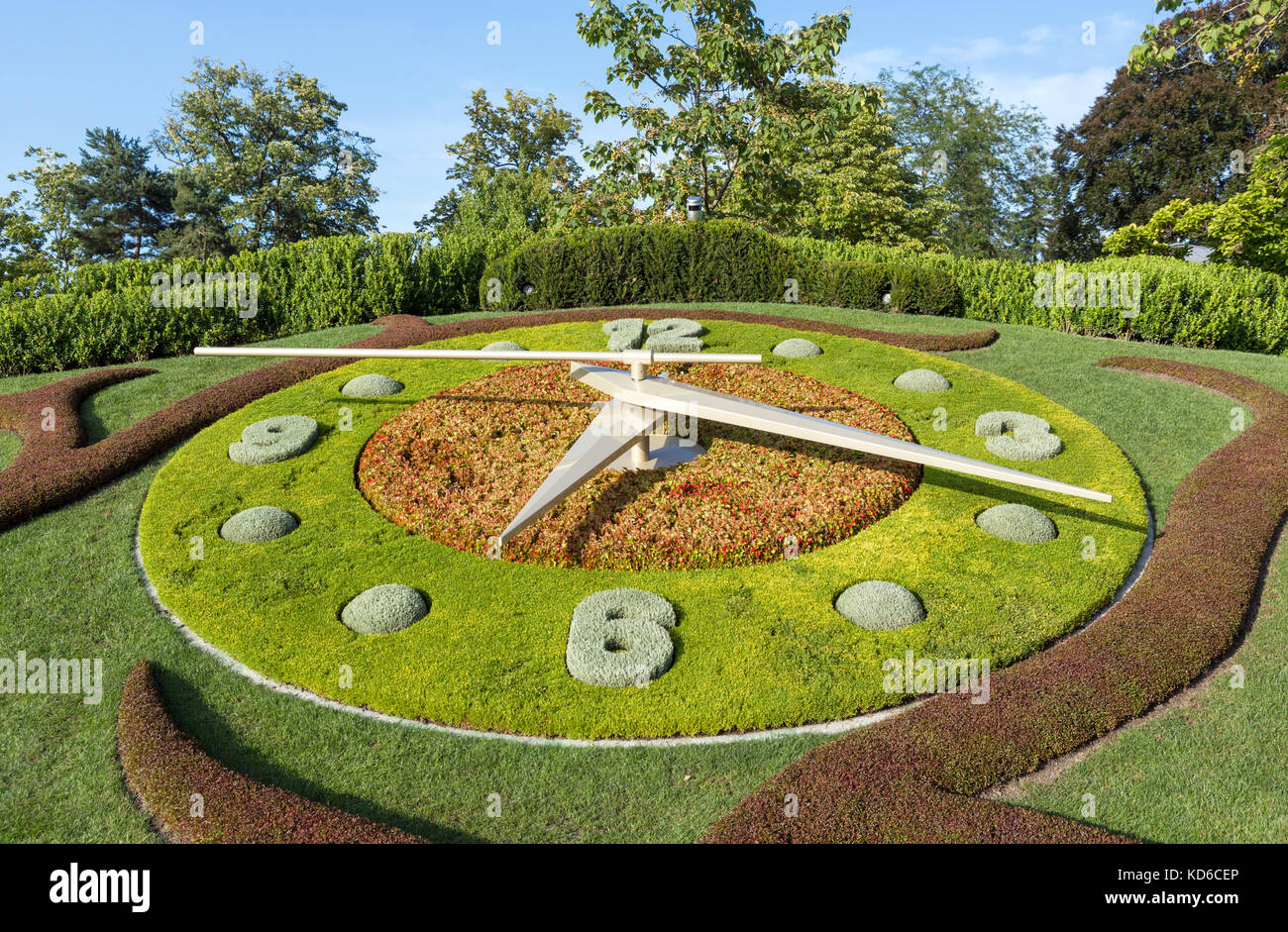 L'Horloge Fleurie (Blumenuhr) im Jardin Anglais (englischer Garten), Altstadt (Vieille Ville), Genf (Genève), Genfer See, Schweiz Stockfoto