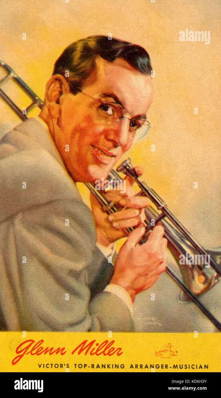 Glenn Miller Portrait mit Posaune American Bandleader, Komponist, Arrangeur und Posaunist (1904-1944). RCA-Karte. Stockfoto