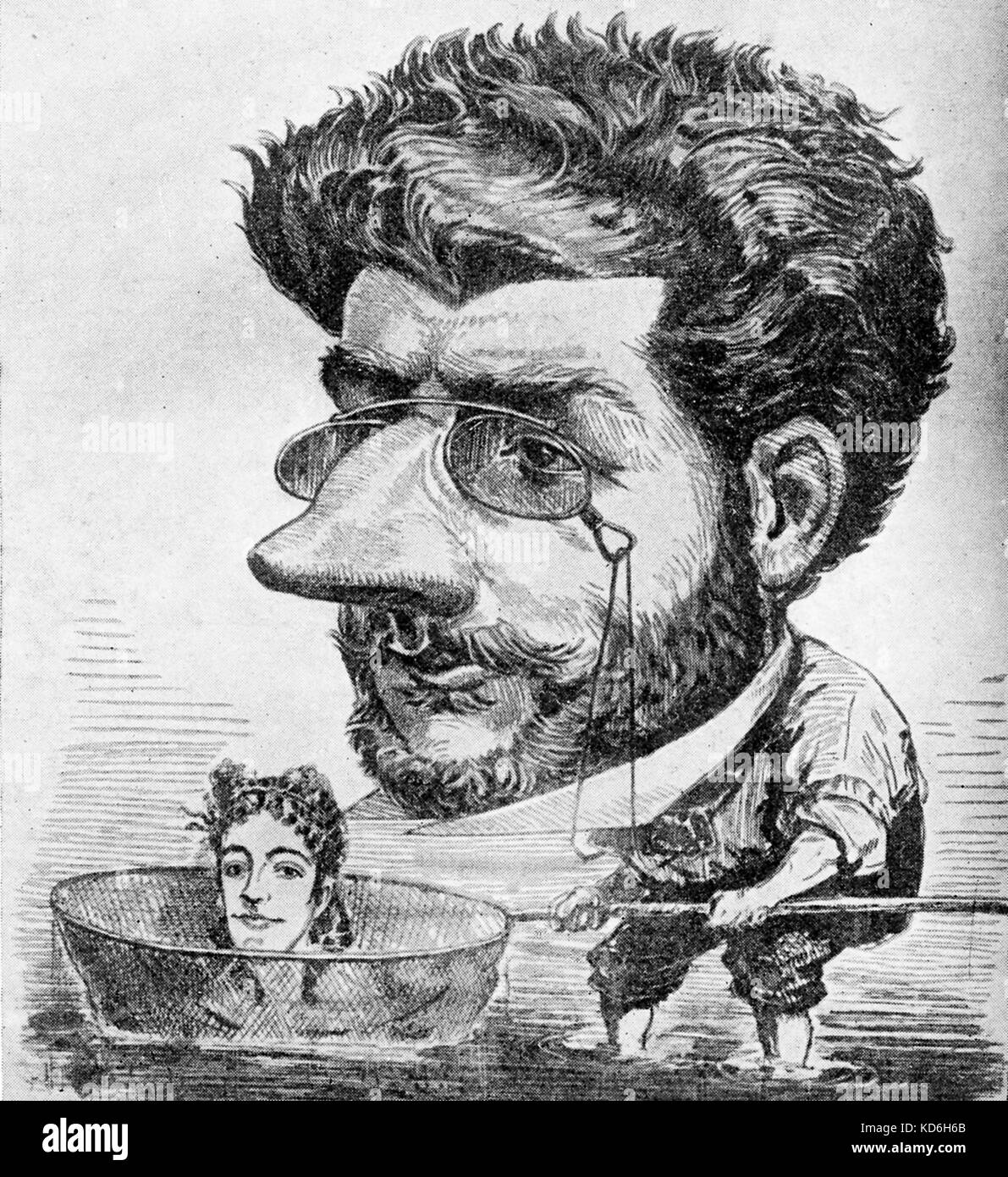 Georges Bizet - Karikatur von H Meyer auf der Abdeckung vom 28. September 1867 'iogène'. Woman's Kopf in einem Fischernetz (Pearl Fishers?). Der französische Komponist, 25. Oktober 1838-3 Juni 1875 Stockfoto