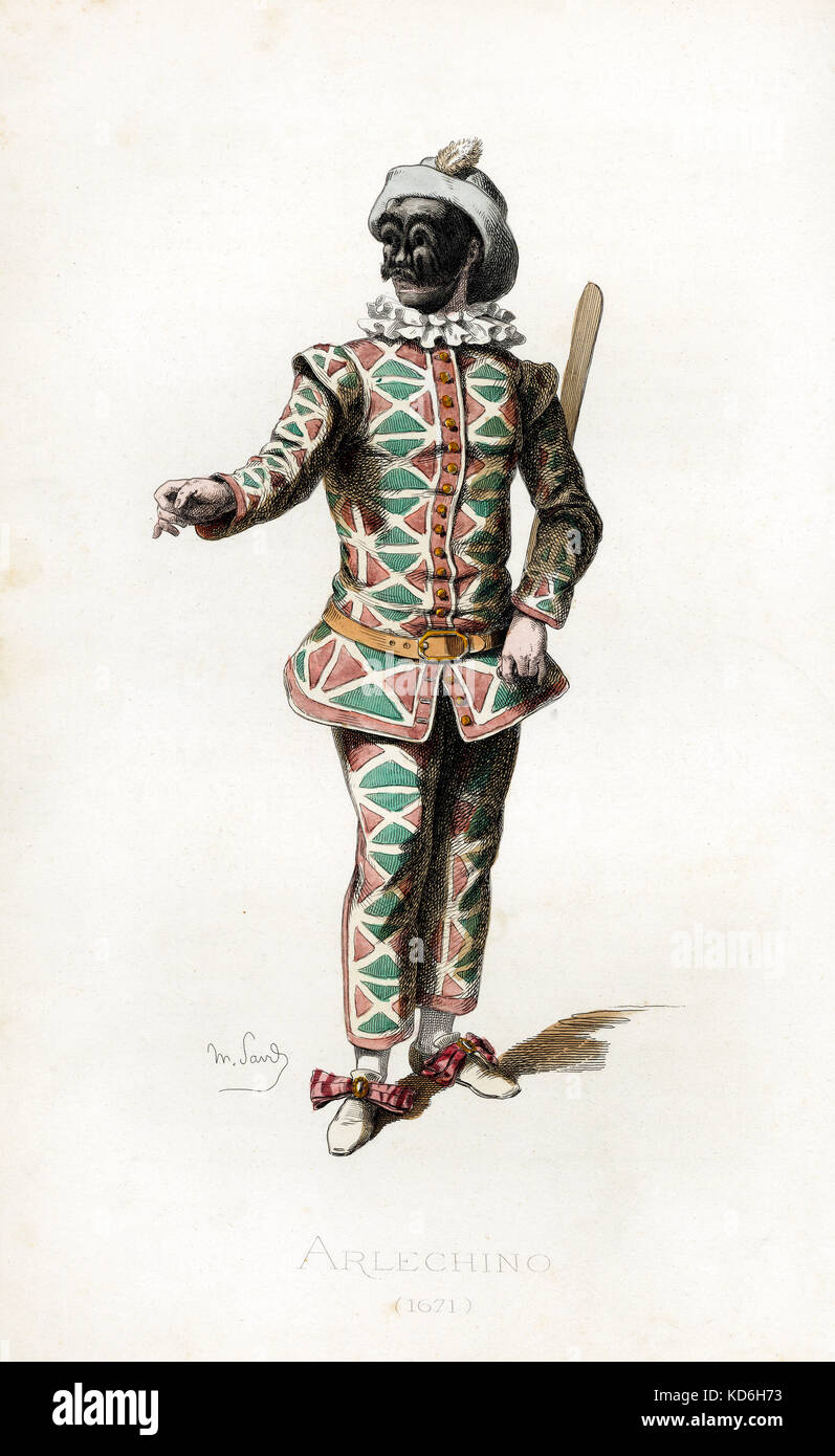 Arlechino (Harlekin) Kostüm datiert 1671 gezeichnet von Maurice Sand, im Jahr 1860 veröffentlicht. Commedia dell'Arte Charakter. Er trägt eine Maske, gerafftem Kragen, gefiederten Hut, Schuhe mit Bögen/Bänder. Holz- Schwert. Inspiration für einige der Molière Zeichen. Stockfoto