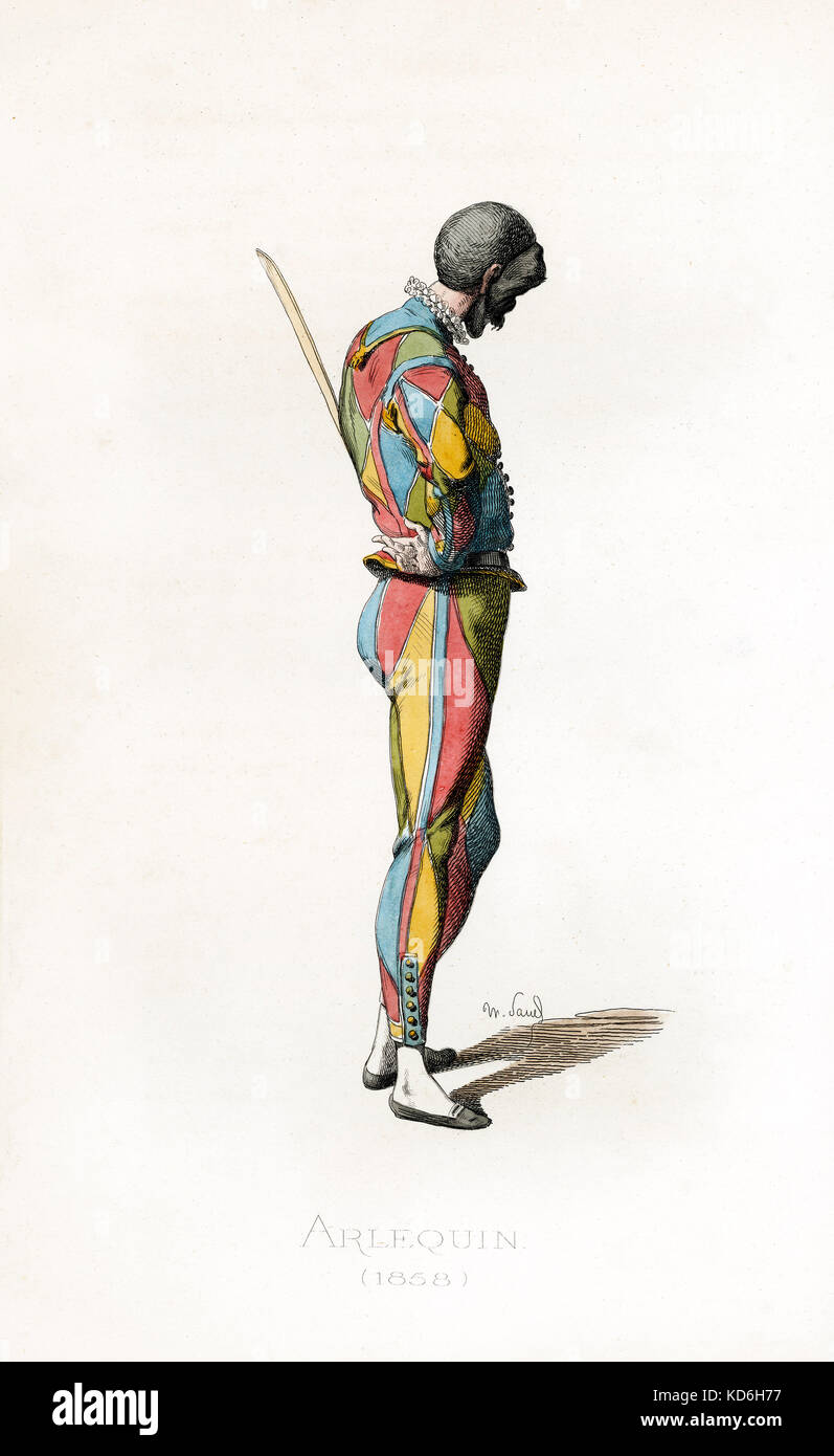 Arlequin (Harlekin) Kostüm datiert 1858 gezeichnet von Maurice Sand, im Jahr 1860 veröffentlicht. Commedia dell'Arte Charakter (Französisch). Von der Seite gesehen. Er trägt eine Maske. Holz- Schwert. Inspiration für einige der Molière Zeichen. Stockfoto