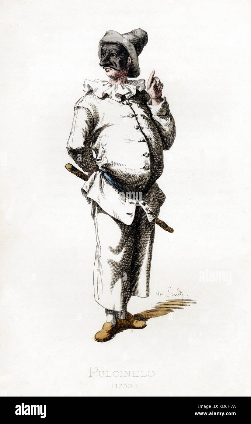 Pulcinelo (Pulcinella) Kostüm datiert 1700 gezeichnet von Maurice Sand, im Jahr 1860 veröffentlicht. Commedia dell'Arte Charakter. Polichinelle. Punch. Er trägt einen Hut, gerafftem Kragen. Holz- bat Stockfoto