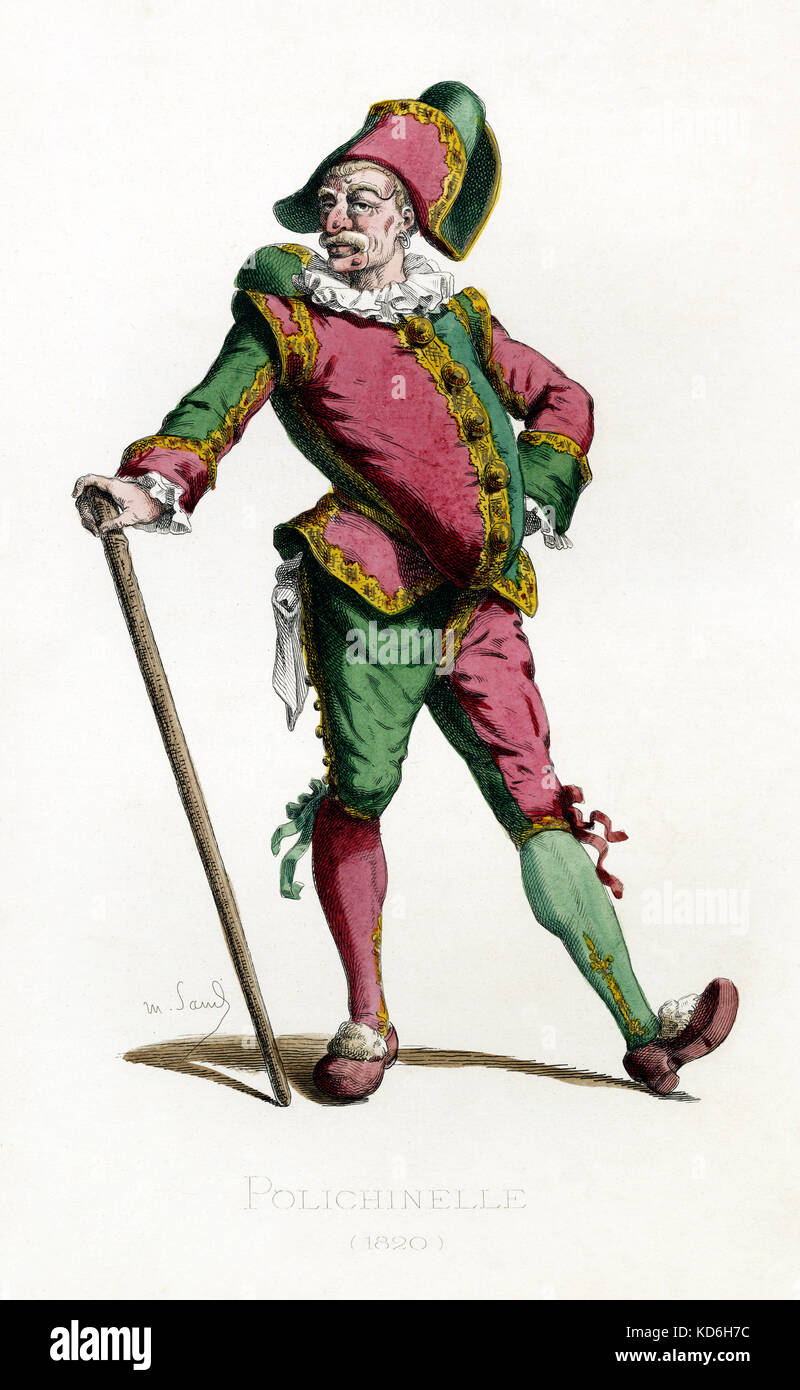 Polichinelle Kostüm datiert 1820 gezeichnet von Maurice Sand, im Jahr 1860 veröffentlicht. Commedia dell'Arte Charakter (Französische Version von pulcinella). Punch. Er trägt einen Hut, gerafftem Kragen. Stockfoto