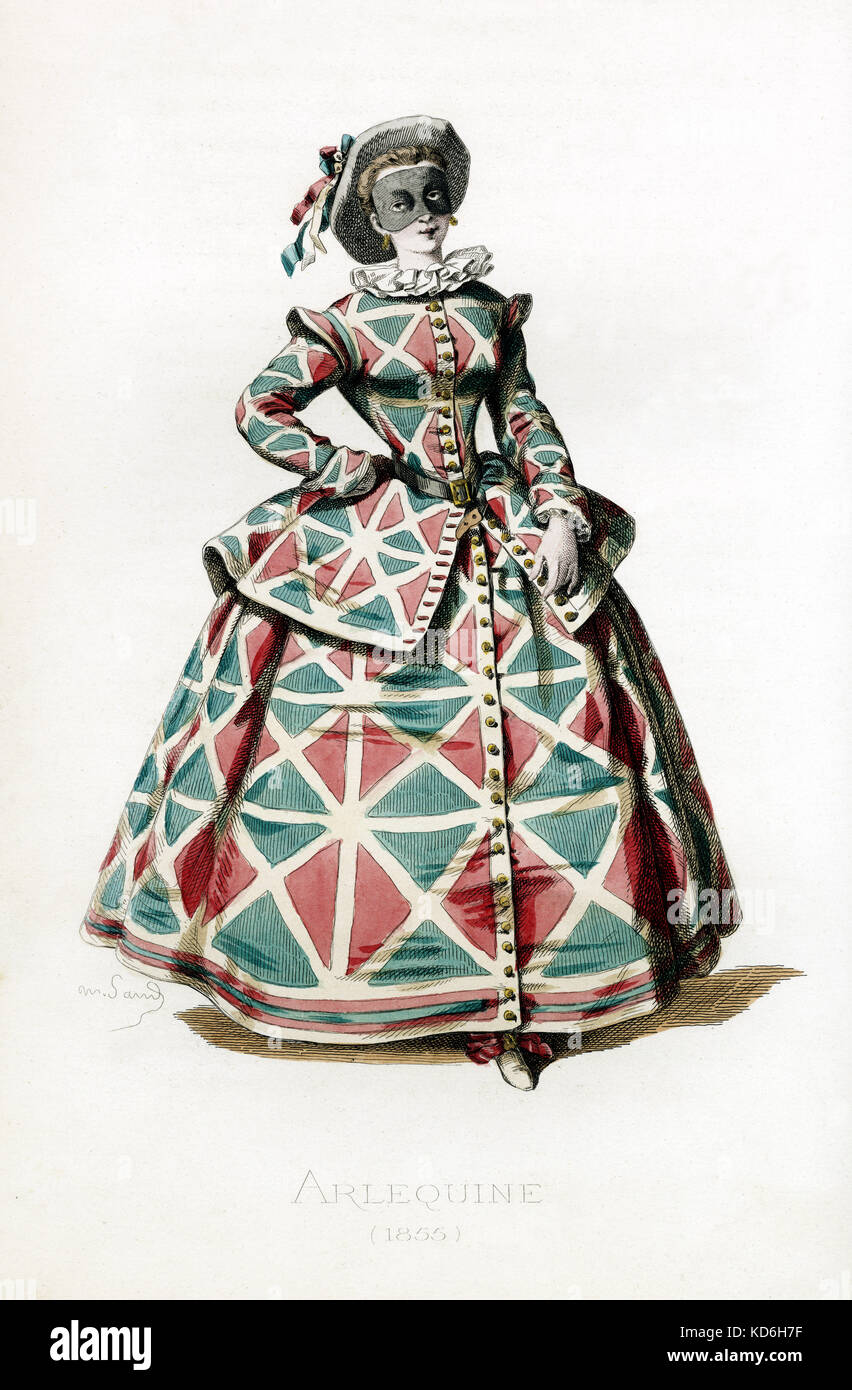 Arlequine Kostüm datiert 1855 gezeichnet von Maurice Sand, im Jahr 1860 veröffentlicht. Commedia dell'Arte Charakter (Französisch. Weibliche Harlekin). Stockfoto