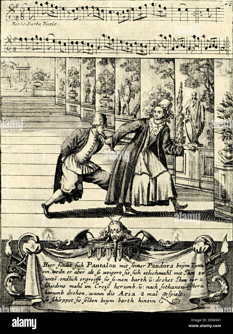 Commedia dell'Arte Szene mit "Pantalone und Pandora. Gravur mit Titel unten die Angabe von Einzelheiten über das Geschehen auf der Bühne, und ein Teil der Kerbe auf der Oberseite. Aus einem Buch von Gregorio Lambranzi. Neue und Neugierige Schule des Theatralischen Tanz/Nuova e curiosa Scuola de' Balli theatrali-Neue und Curieuse theatralische Tantz-Schul Stockfoto