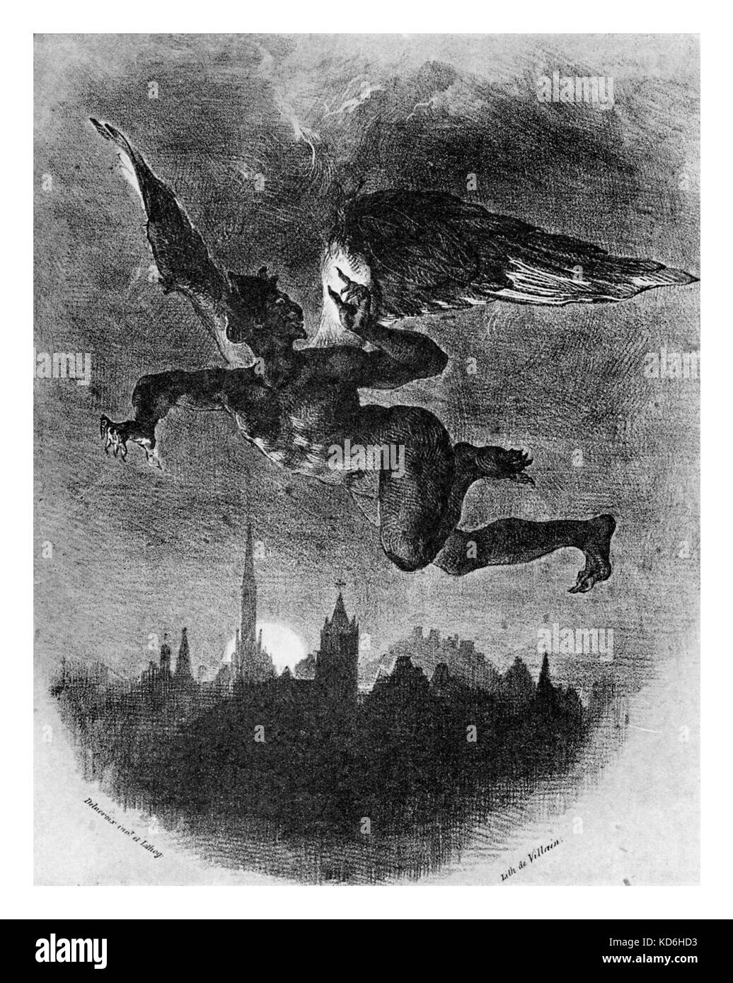 Satan fliegt über die Stadt bei Nacht. Von Delacroix Lithographie. Verdammnis von Faust ('La Damnation de Faust", 1846) von Berlioz. Der französische Komponist, 1803-1869. Stockfoto