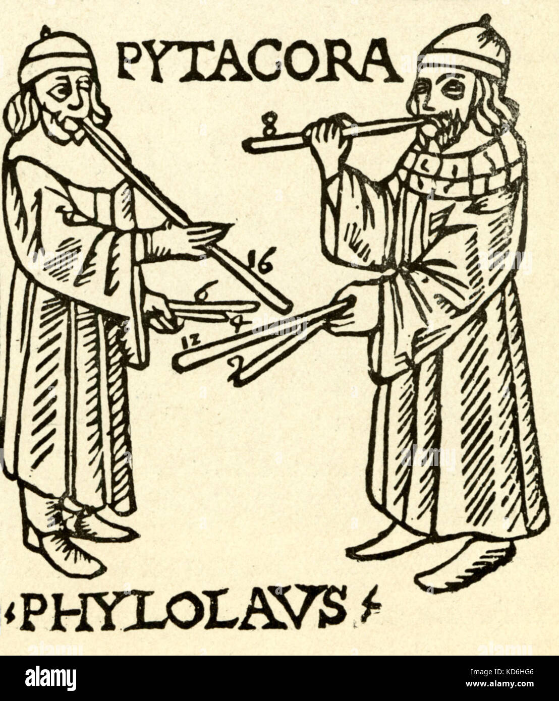 Frontispiz des Gaffuri's Abhandlung über Musik, "Theorica Musicae" (1492), übersicht Pythagoras. Pythagoras' Theorien untersucht mit den Leitungen. Gaffuri: Italienische Theoretiker, 1451-1522. Pythagoras: griechischer Philosoph, Mathematiker und Musiktheoretiker c 582 v. Chr. - ca. 500 v. Chr.. Stockfoto